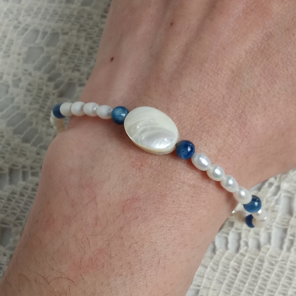 Natural Blue Kyanite Freshwater Rice Pearl Handmade Beaded Bracelet 7¼"
